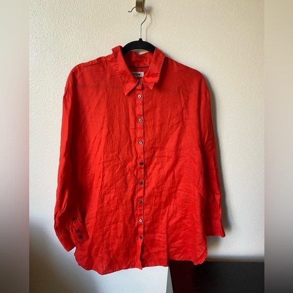 BODEN Women’s Relaxed Linen Shirt Orange Button Down Size 12P Oversized - Picture 2 of 8